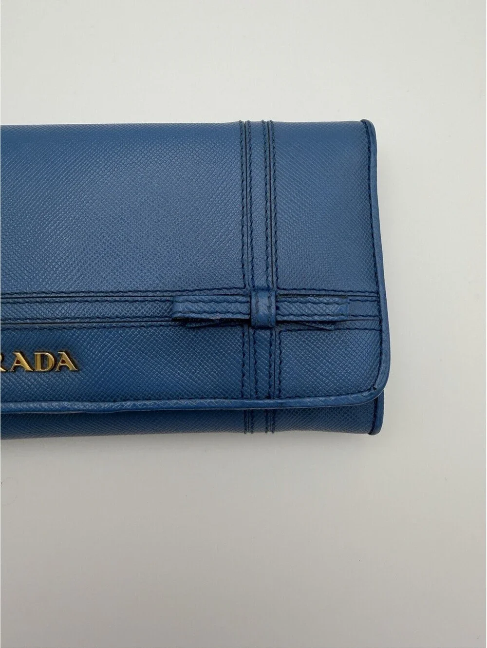 Authentic PRADA Blue Saffiano Leather Women Long Wallet Bow COA